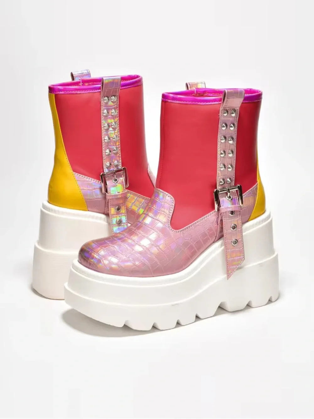 Cape Robbin Pink and Yellow Iridescent Platform Ankle Boots